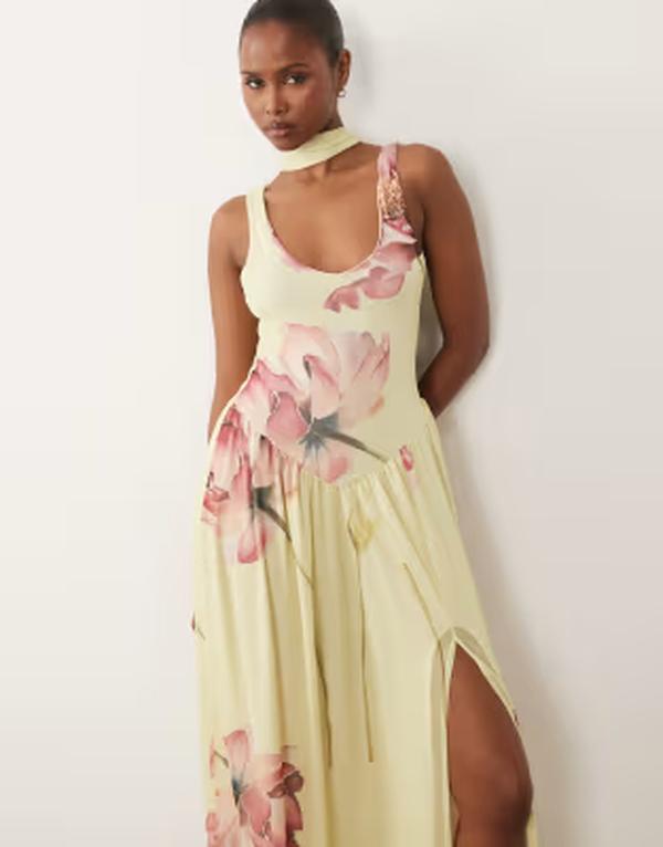 エイソス レディース トップス ワンピース フラワー柄 プリント マキシ フラワー ASOS DESIGN slinky maxi dress with scarf detail in lemon floral print Lemon floral print｜ReVida 店