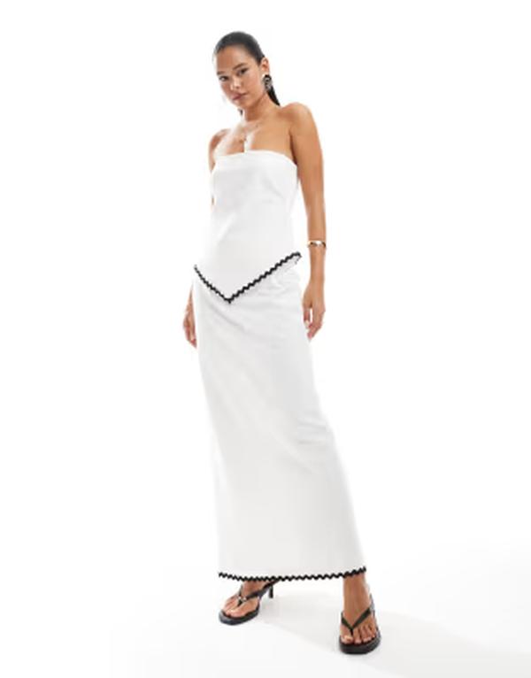 フォース&レックレス レディース ボトムスカート コントラスト コットン リネン マキシ 4th & Reckless linen look cotton contrast rick rack trimaxi skirt - part of a set White ホワイト｜ReVida 店