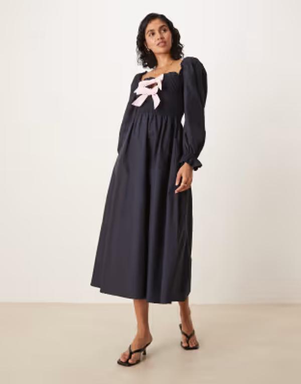 グラマラス レディース トップス ワンピース ミディ Glamorous puff sleeve midi dress with bow tie front NAVY ネイビー｜ReVida 店