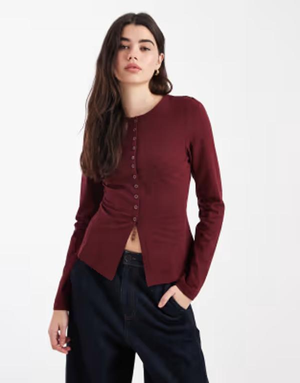 エイソス レディース トップス Tシャツ コットン ASOS DESIGN cotton button up long sleeve top Burgundy バーガンディ｜ReVida 店