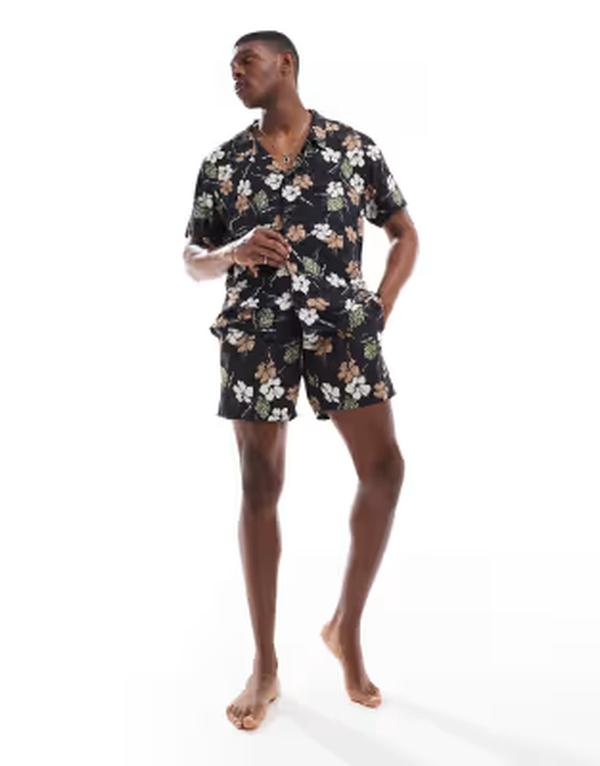 ボス オレンジ メンズ トップス シャツ フラワー柄 プリント フラワー BOSS Orange Boss floral print short sleeve shirt - part of a set Black ブラック｜ReVida 店