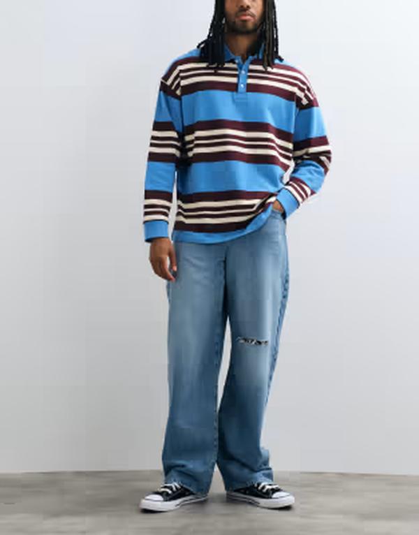 エイソス メンズ ボトムス デニムパンツ ジーンズ ASOS DESIGN baggy jeans in light wash blue with rips Light washed blue ブルー｜ReVida 店