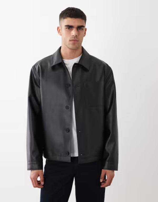 エイソス メンズ アウター コート レザー フェイクレザー ASOS DESIGN faux leather shacket Black ブラック｜ReVida 店