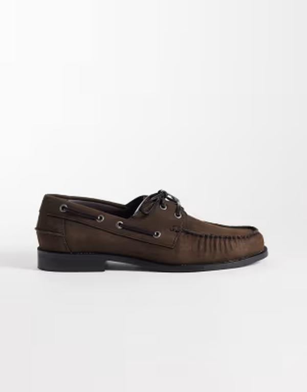 エイソス メンズ シューズ レース ASOS DESIGN lace up boat shoes with ruching BROWN ブラウン｜ReVida 店