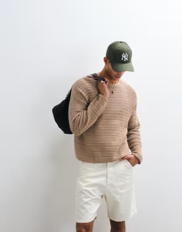エイソス メンズ トップス Tシャツ リブ ニット ASOS DESIGN oversized long sleeve knit ribbed T-shirt in stone heather Stone marl マール｜ReVida 店