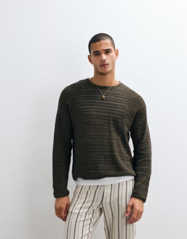 エイソス メンズ トップス Tシャツ リブ ニット ASOS DESIGN oversized long sleeve knit ribbed T-shirt Khaki カーキ｜ReVida 店