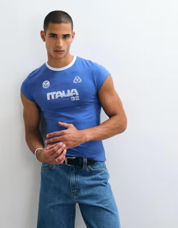 エイソス メンズ トップス Tシャツ グラフィック ASOS DESIGN muscle ringer T-shirt with Italia soccer graphic True Navy ネイビー｜ReVida 店