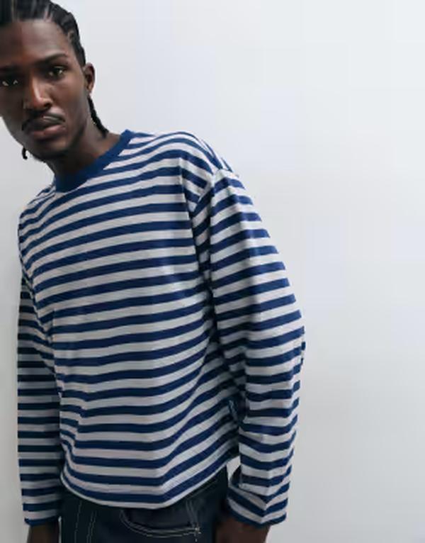 コルージョン メンズ トップス Tシャツ COLLUSION long sleeve tee stripe Navy stripe ネイビー｜ReVida 店