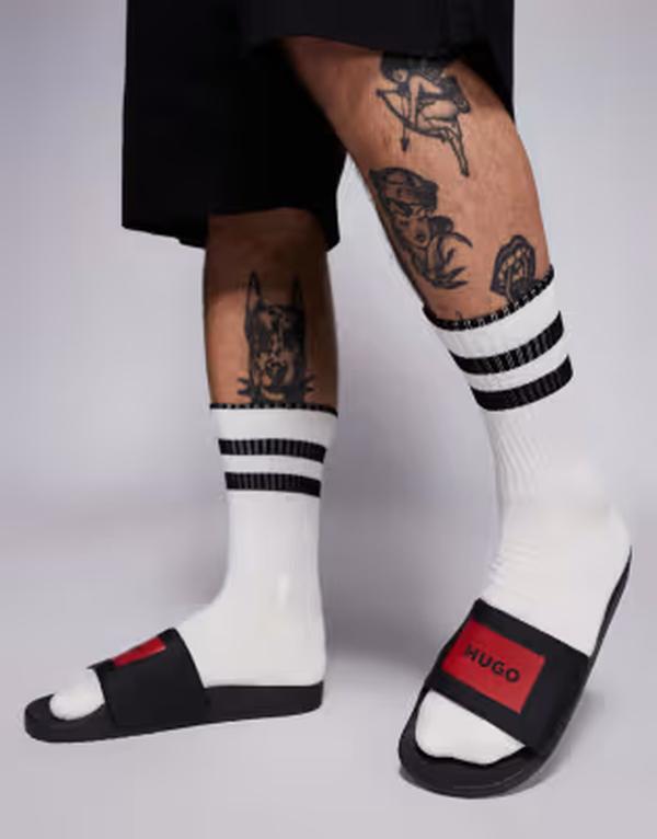 ヒューゴレッド メンズ シューズ サンダル ロゴ HUGO Red Timein box logo slides black ブラック｜ReVida 店