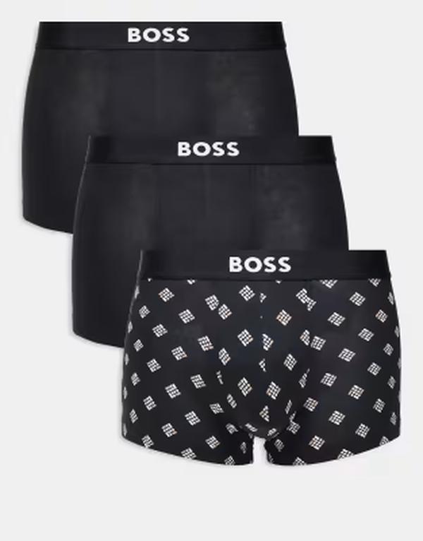 ボス メンズ アンダーウェア トランクス プリント ロゴ BOSS Bodywear BOSS One Bodywear 3-pack front icon logo trunks with design print Black ブラック｜ReVida 店