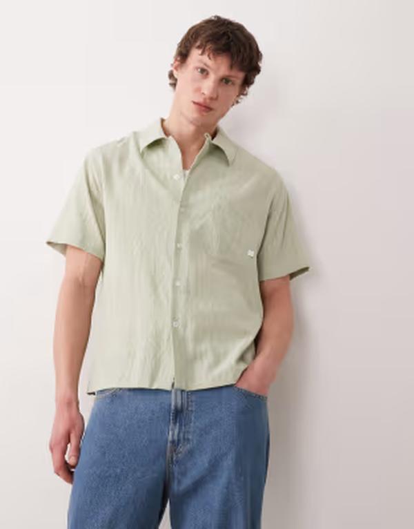 ファーラー メンズ トップス シャツ ロゴ Farah Riley short sleeve textu red logo shirt GREEN グリーン｜ReVida 店