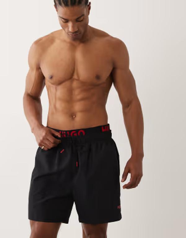 ヒューゴレッド メンズ 水着 ハーフパンツ・ショーツ ショートパンツ ロゴ HUGO Red flex logo swim shorts Black ブラック｜ReVida 店