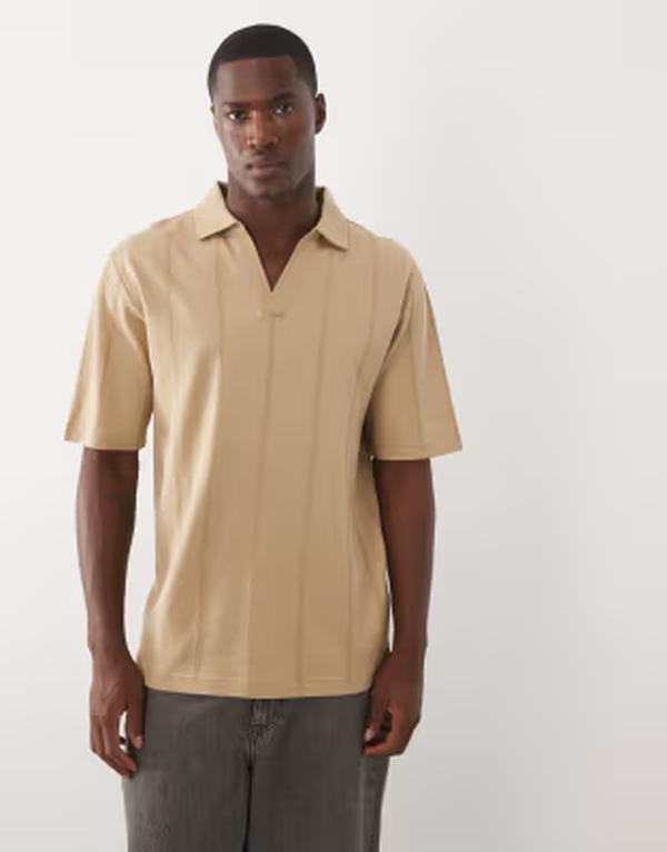 ヒューゴレッド メンズ トップス ポロシャツ Vネック ジャージー HUGO Red v-neck short sleeve jersey polo shirt Medium Beige ベージュ｜ReVida 店
