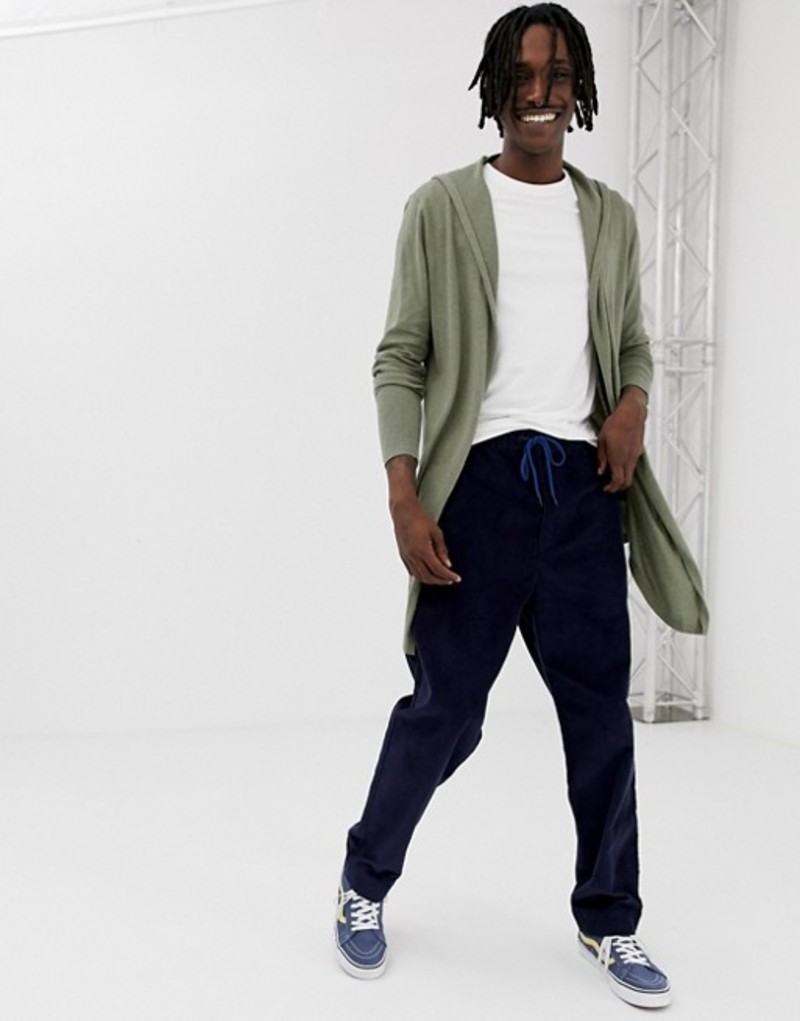 エイソス カーディガン ASOS DESIGN hooded open front cardigan with curved hem in khaki Khaki メンズ アウター