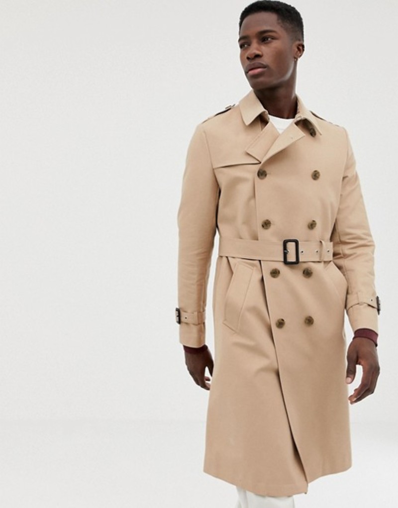 クチン３回目接種 エイソス メンズ コート アウター ASOS DESIGN shower resistant longline  trench coat with belt in stone Stone：ReVida 店 送料店舗負担