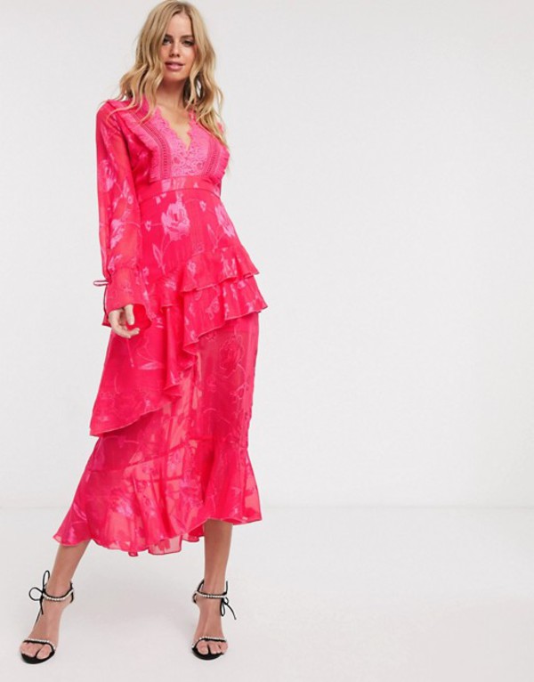 激安価格の ワンピース Dark トップス ワンピース レディース ダークピンク Pink Pink Pink Fuchsia In Detail Frill With Dress Midi Front Plunge Fah Co Bw