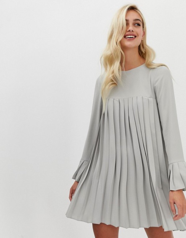 美品 レディース エイソス ワンピース Gray Sleeves Long With Dress Mini Trapeze Pleated Design Asos トップス 01 Gra Spmau Ac In