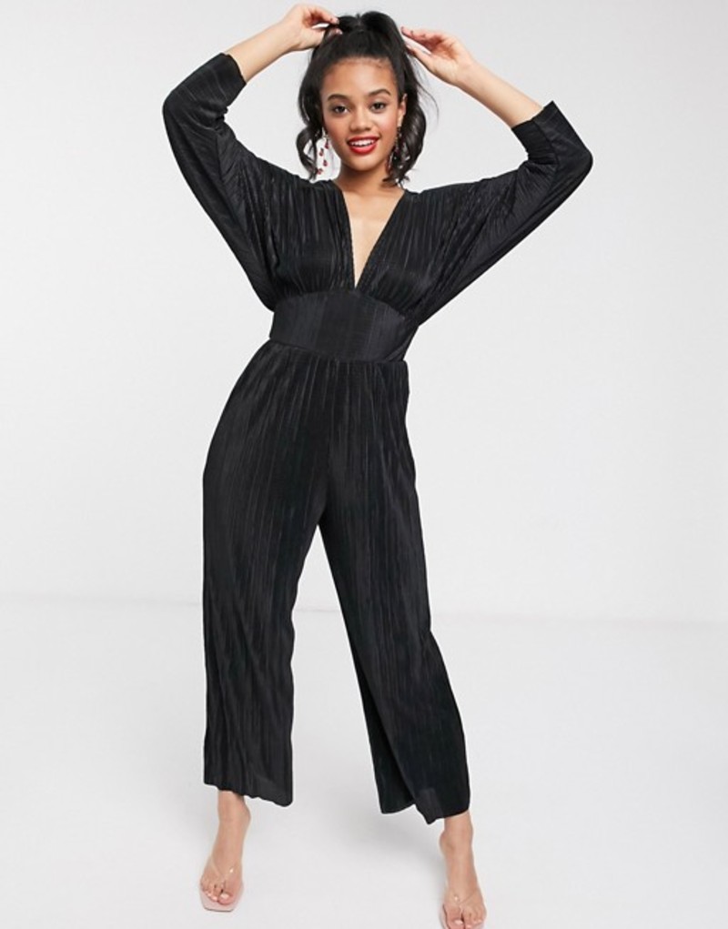 レディースファッション ワンピース ワンピース レディース エイソス トップス Black Jumpsuit Plisse Sleeve Kimono Design Asos 定番のお歳暮 冬ギフト Www Orges Net