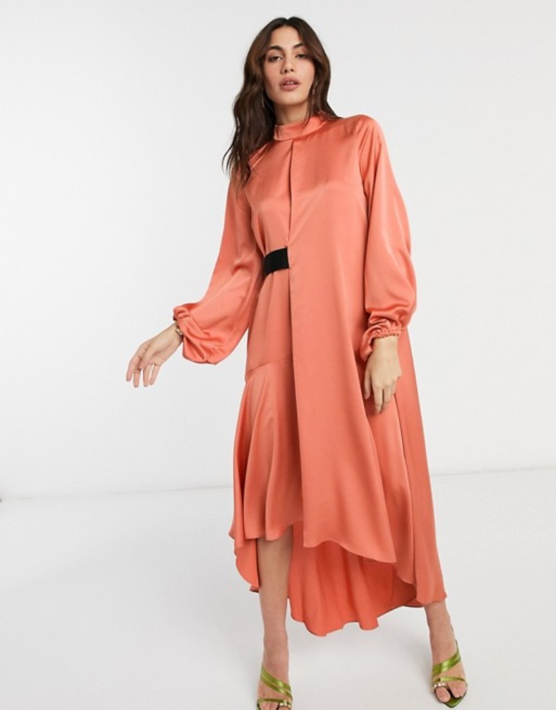 美しい レディース エイソス ワンピース Rust Sleeve Blouson With Dress Midi Neck High Satin Design Asos トップス 01 Rus Dakartransittransport Com