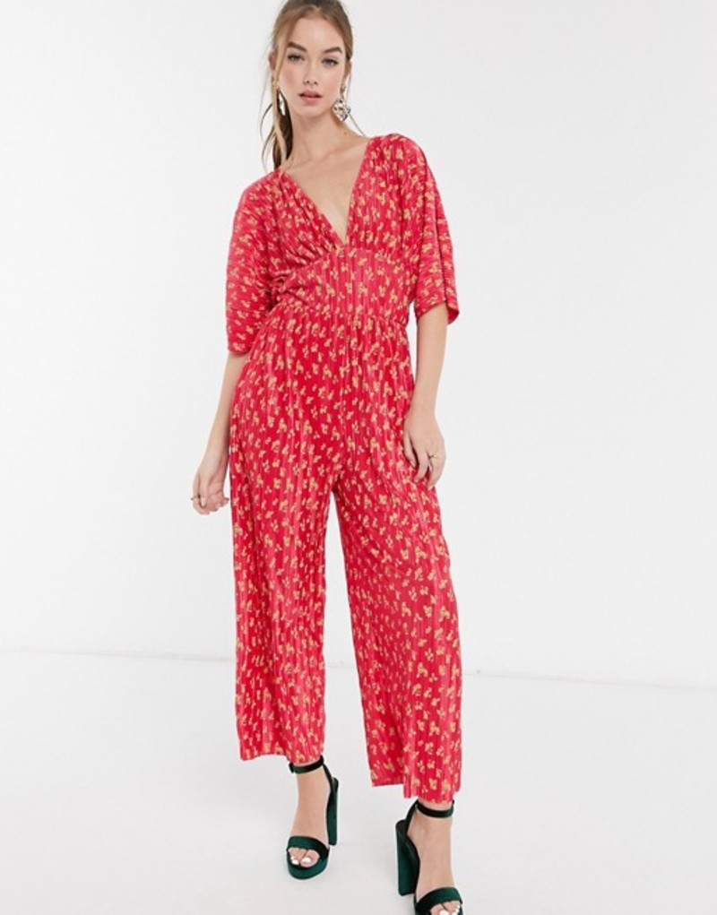 ワンピース 魅力的な Sleeve Kimono Design Asos トップス ワンピース レディース エイソス Plisse Floral Red Print Floral Red In Jumpsuit Mandmstumpremoval Com