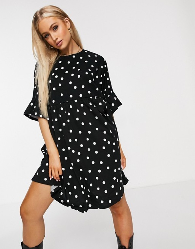 レディースファッション ワンピース In Smock Sleeve Frill Oversized Super Design Asos トップス ワンピース レディース エイソス Black Spot Mono Print Spot White And 人気