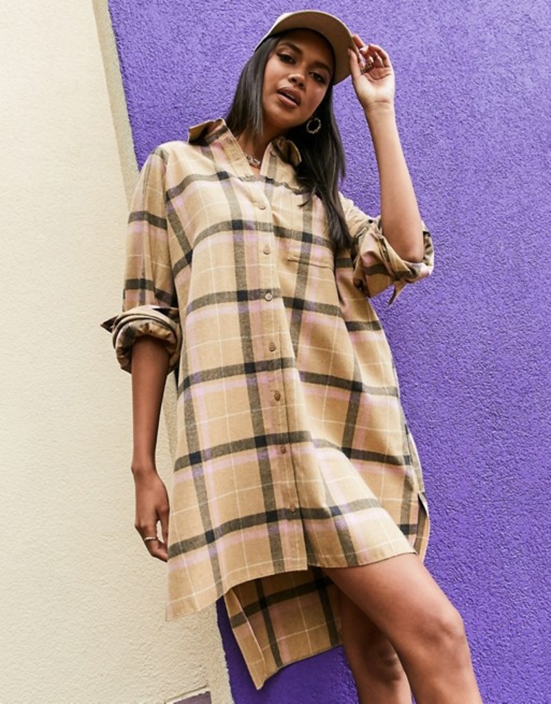 レディースファッション ワンピース 流行に Shirt Mini Boyfriend Oversized Design Asos トップス ワンピース レディース エイソス Dress Check Tan Pink Plaid In Zivejgovivax Mk