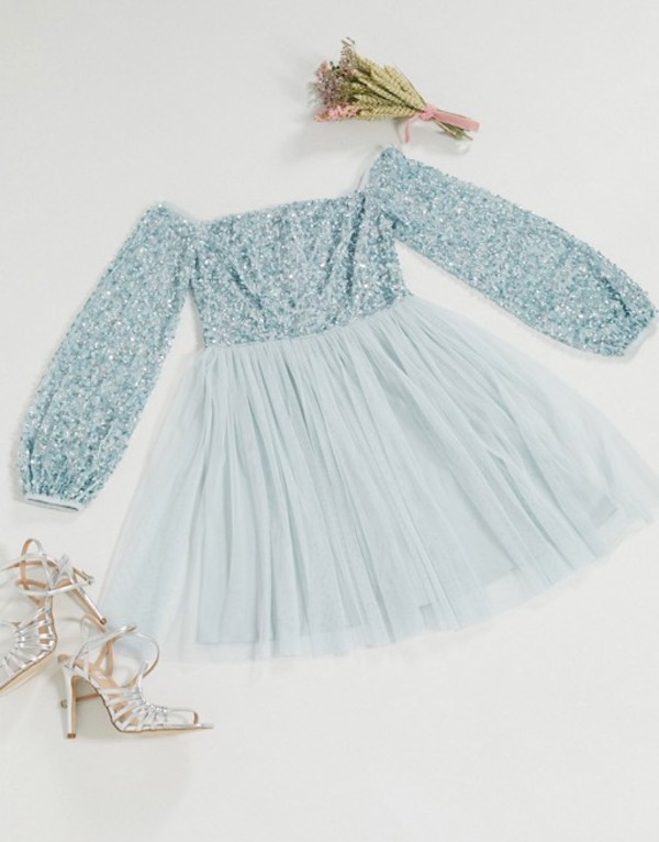 超人気の B マヤ レディース ワンピース トップス Maya Bridesmaid Off Shoulder Delicate Sequin Long Sleeve Mini Tulle Prom Dress In Blue Blue B 大流行中 Www Katex Hr