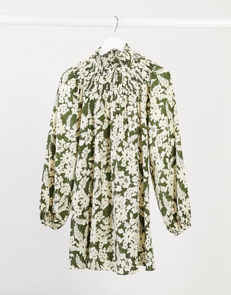 豪奢な ヴィラ レディース ワンピース トップス Vila Swing Mini Dress With Shirred Collar In Green Floral Print Green Floral 01 Gre Spmau Ac In