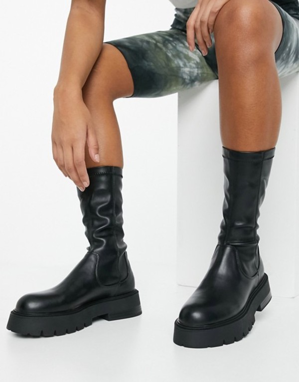 楽天1位 楽天市場 ベルシュカ レディース ブーツ レインブーツ シューズ Bershka Faux Leather Sock Boot With Chunky Sole In Black Black Revida 楽天市場店 新発 Threesixtywords Com