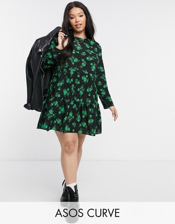 気質アップ レディース エイソス ワンピース Floral Green Black Print Floral Black In Dress Mini Smock Tiered Sleeve Long Curve Design Asos トップス 01 Bla Spmau Ac In