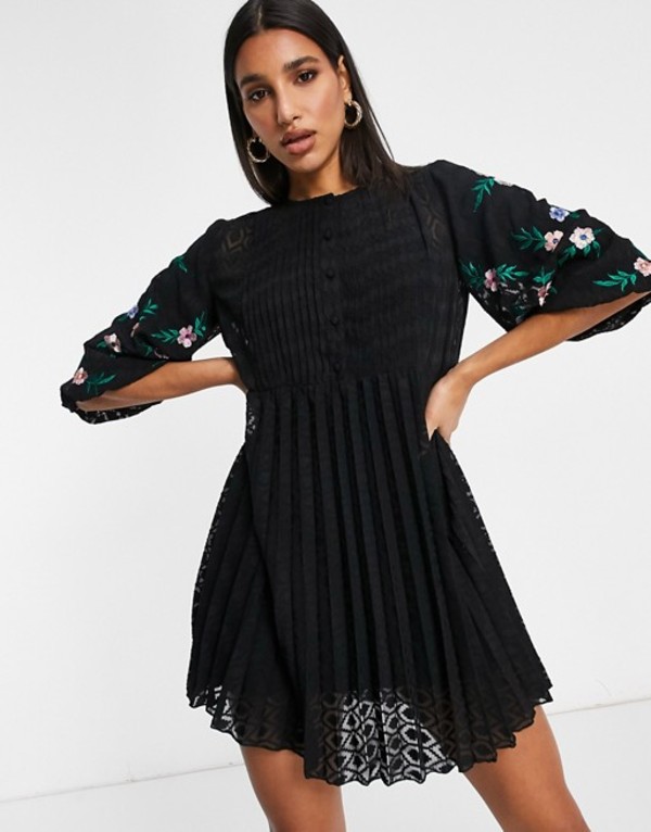 レディースファッション ワンピース 通販激安 エイソス Black Black In Dress Smock Mini Dobby Pleated Embroidered Front Button Design Asos トップス ワンピース レディース Form Mistarship Com