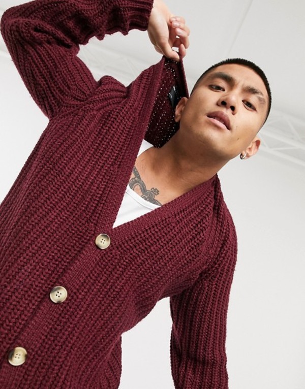 春夏新色 エイソス メンズ カーディガン アウター Asos Design Heavyweight Ribbed Button Cardigan In Burgundy Burgundy 超人気の Timesofbahrain Com