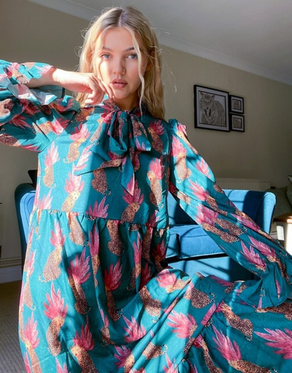 21新春福袋 ワンピース Maxi Trapeze Neck Tie Dressed Fully Never トップス ワンピース レディース ネバーフリードレスド Dress Multi Print Leaf Leopard Green In Fah Co Bw