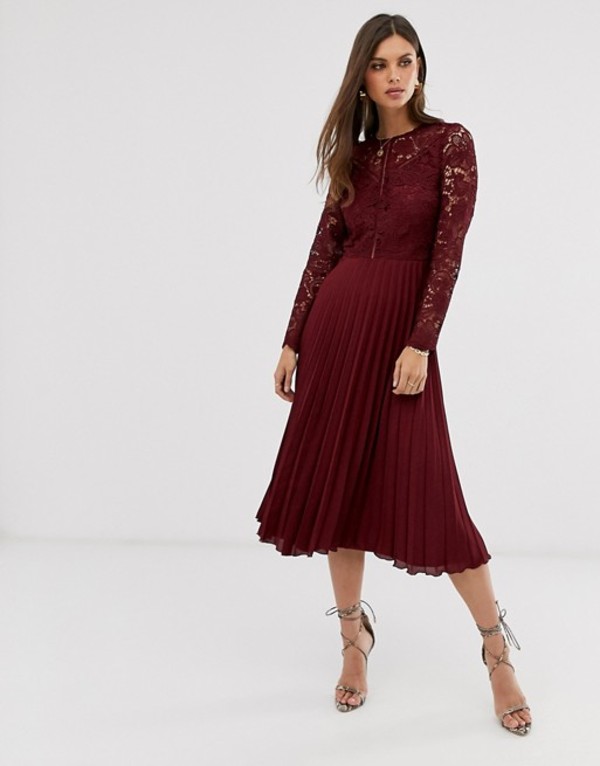 最新作 Burgundy Skirt Pleated With Dress Midi Bodice Lace Sleeve Long Design Asos トップス ワンピース レディース エイソス ワンピース