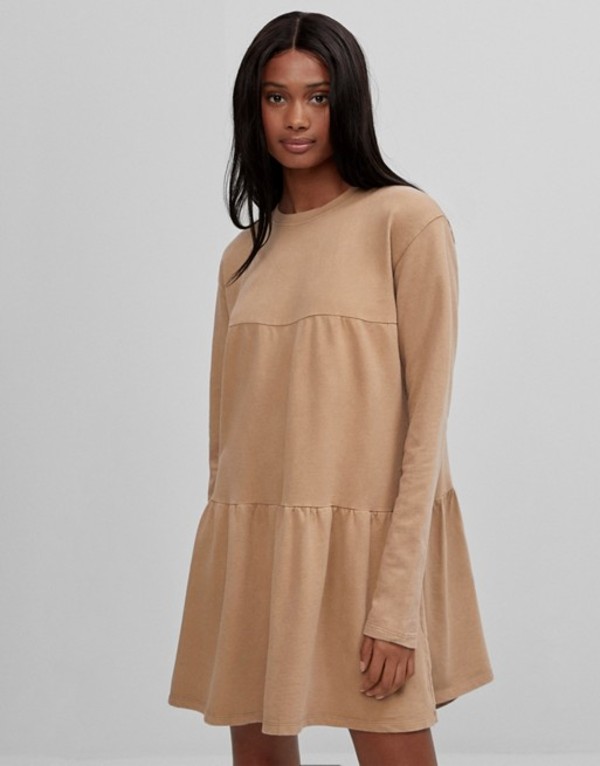 21春大特価セール Sleeve Long Bershka トップス ワンピース レディース ベルシュカ Tiered Camel Camel In Dress Smock T Shirt 01 Cam Hamrahtrader Com