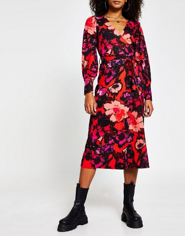 レディースファッション ワンピース 最新作の Island River トップス ワンピース レディース リバーアイランド Floral Print Red In Dress Midi Wrap Print Sushi Fabrique Com