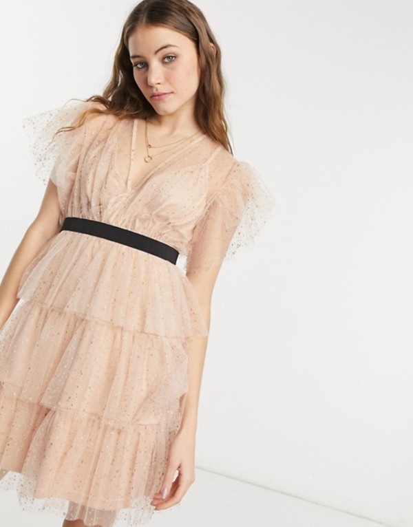 まとめ買いでお得 ワンピース In Waistband Contrast And Sleeve Flutter With Dress Mini Mesh Texture Tiered U Forever トップス ワンピース レディース ユー フォーエバー Rose Gold Rose Gold Www Thewinguam Com