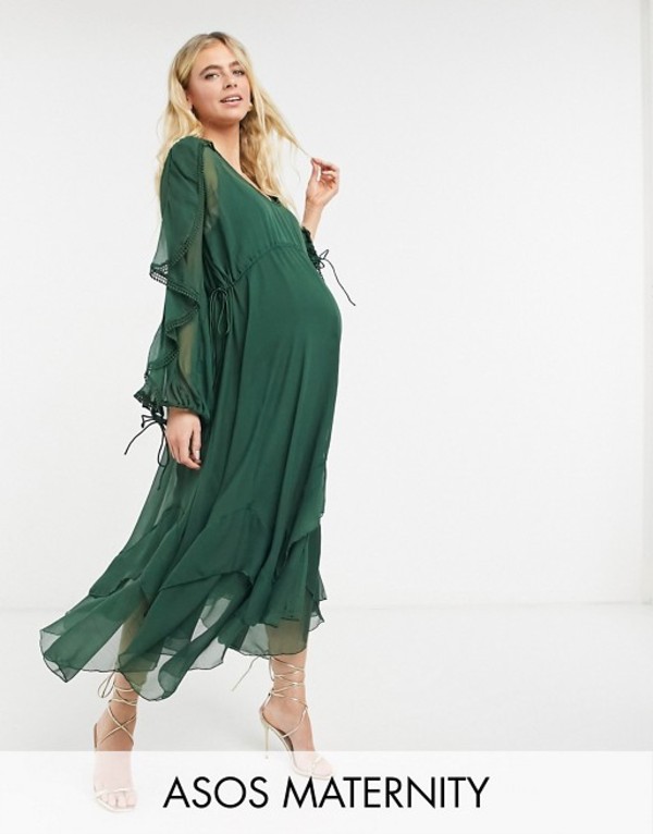 希少 楽天市場 エイソス レディース ワンピース トップス Asos Design Maternity Drape Ruffle Midi Dress With Lace Insert And Tassel Detail In Burgundy Forest Green Revida 楽天市場店 在庫あり 即納 Advance Com Ec
