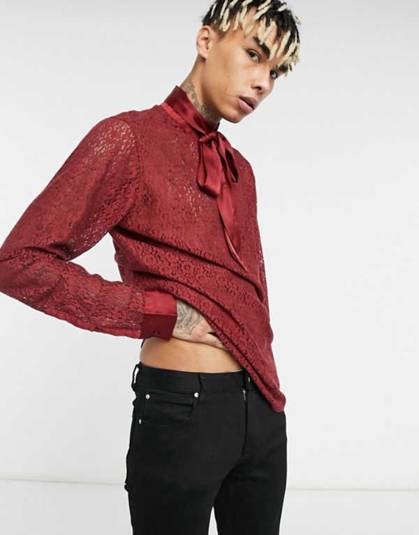 カジュアルシャツ 定番の中古商品 Pussybow Fit Regular Design Asos トップス シャツ メンズ エイソス Shirt Burgundy Lace Burgandy In Beachsidecliniccr Com