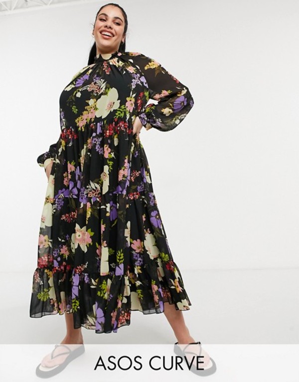 数量限定価格 レディース エイソス ワンピース Floral Based Dark Floral Winter Bold In Dress Maxi Tiered Neck High Curve Design Asos トップス 01 Dar Gmco Az