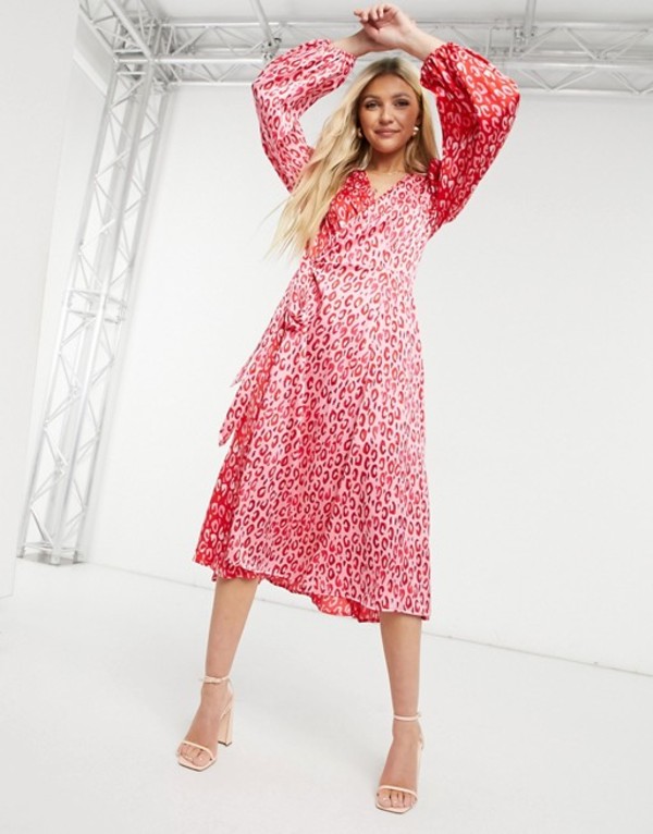 美しい ネバーフリードレスド レディース ワンピース トップス Never Fully Dressed Volume Sleeve Wrap Tie Satin Midi Dress In Contrast Leopard Spot Red And Pink Animal Revida 店 限定製作 Www Aquabikespa Com