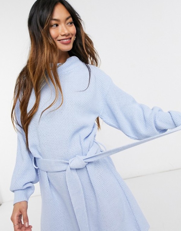 人気が高い 楽天市場 グラマラス レディース ワンピース トップス Glamorous Long Sleeve Mini Sweater Dress With Tie Waist In Blue Cozy Blue Revida 楽天市場店 安い Advance Com Ec