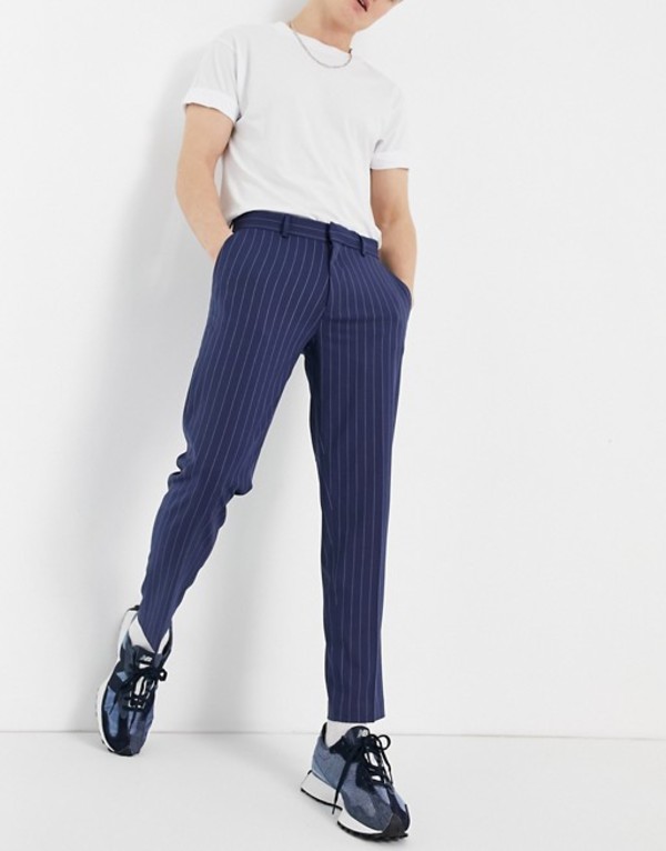 １着でも送料無料 エイソス メンズ カジュアルパンツ ボトムス Asos Design Skinny Crop Smart Pants In Stone And Navy Pinstripe Navy 珍しい Porsche Com Mk