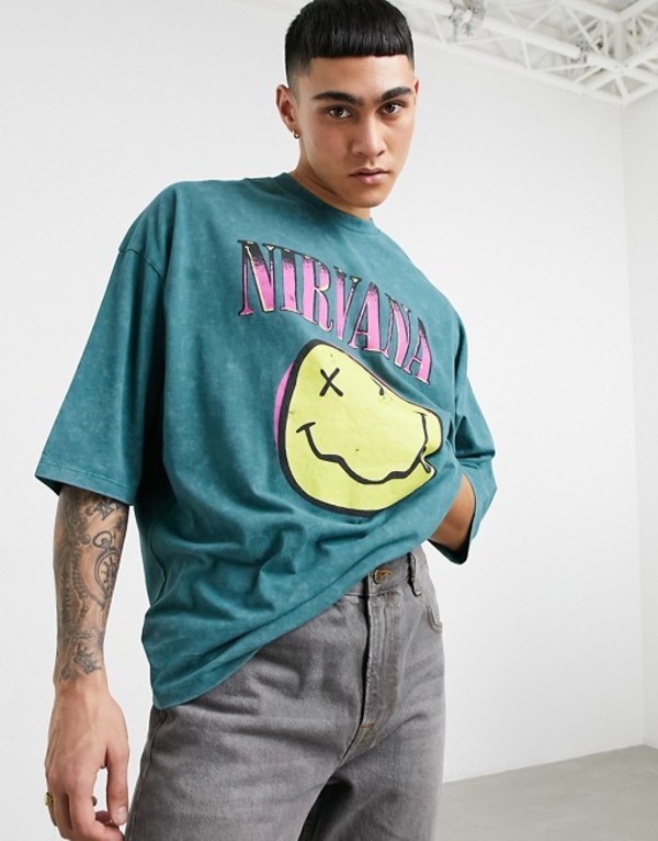 流行に エイソス メンズ シャツ トップス Asos Design Nirvana Oversized T Shirt With Front Print In Acid Wash Green Green 当日出荷 メンズファッション トップス カジュアルシャツ Plus Cusica Com