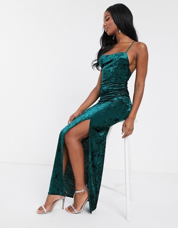 レディースファッション ワンピース クラブエル ロンドン レディース ワンピース トップス Club L London Velvet Square Neck Maxi Dress With Thigh Split In Green Green 美品 Zolotoi Pesok Ru