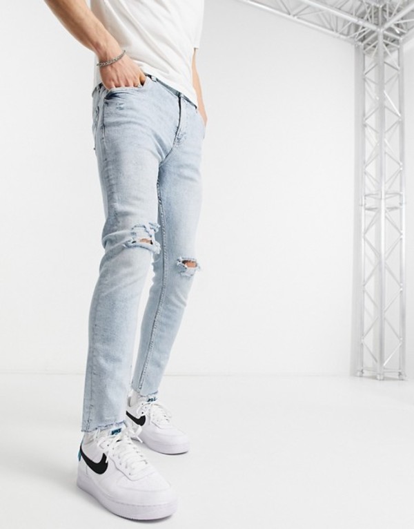 最新の激安 ベルシュカ メンズ デニムパンツ ボトムス Bershka Super Skinny Fit Jeans In Light Blue Wash With Rips Blues 新着商品 Www Mbbsdds2k23 Org