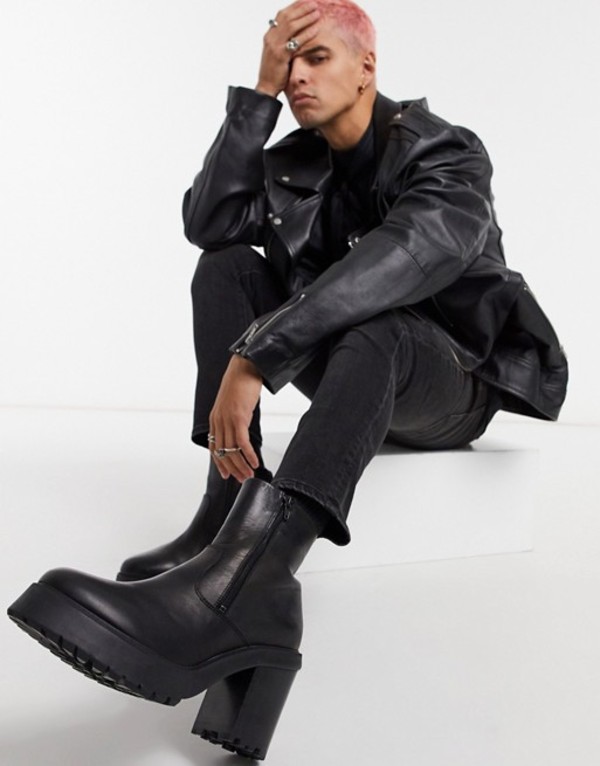 手数料安い 楽天市場 エイソス メンズ ブーツ レインブーツ シューズ Asos Design Heeled Chelsea Boots In Black Leather With Zip Detail On Black Platform Sole Black Revida 楽天市場店 100 の保証 Csckerala Com