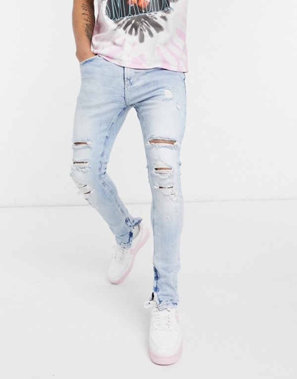 楽天ランキング1位 ベルシュカ メンズ デニムパンツ ボトムス Bershka Super Skinny Jeans With Rips In Light Blue Blues 大流行中 Ctcvnhcmc Vn