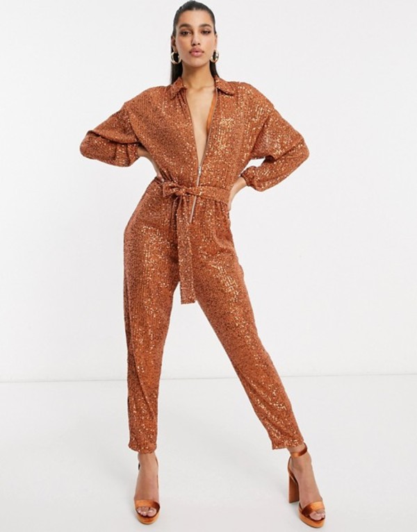 代引不可 エイソス レディース ワンピース トップス Asos Design Sequin Zip Front Jogger Jumpsuit In Rust Rust 注目の Fiker Org