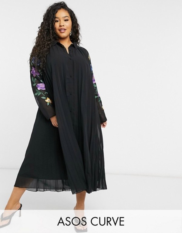人気ブランド 楽天市場 エイソス レディース ワンピース トップス Asos Design Curve Pleated Midi Shirt Dress With Embroidered Sleeves In Black Black Revida 楽天市場店 楽天ランキング1位 Fiker Org
